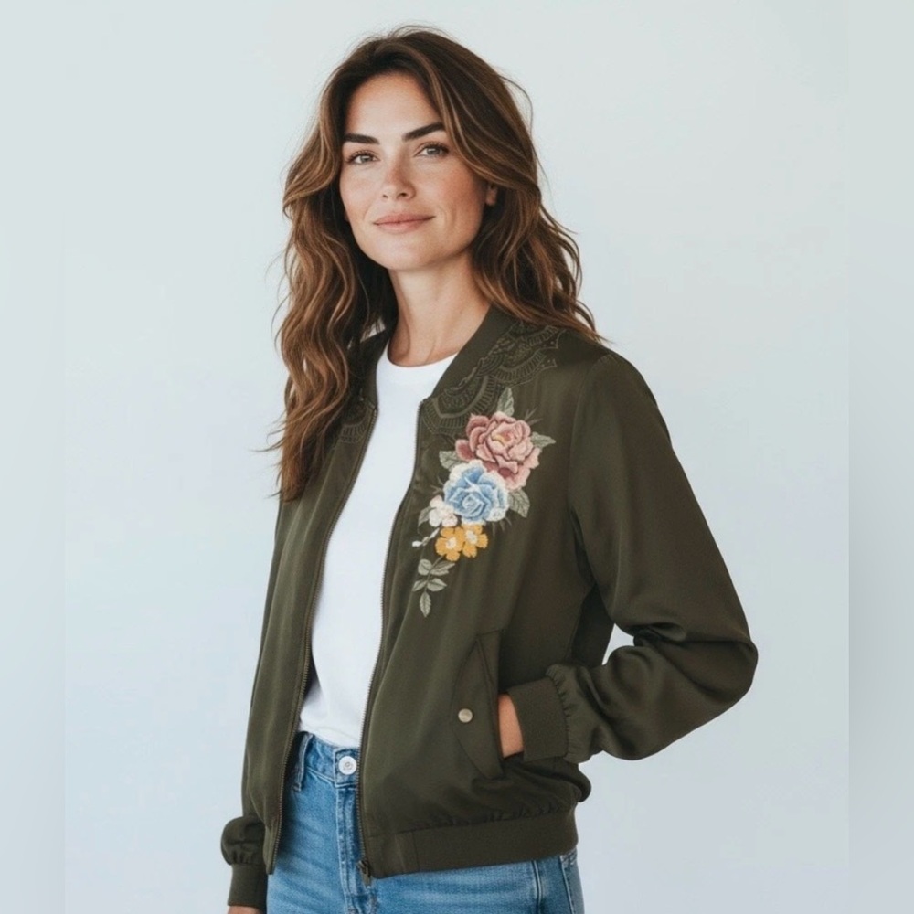 Johnny Was 100% Silk Alice Flower Embroidery Green Floral Bomber Jacket Boho
